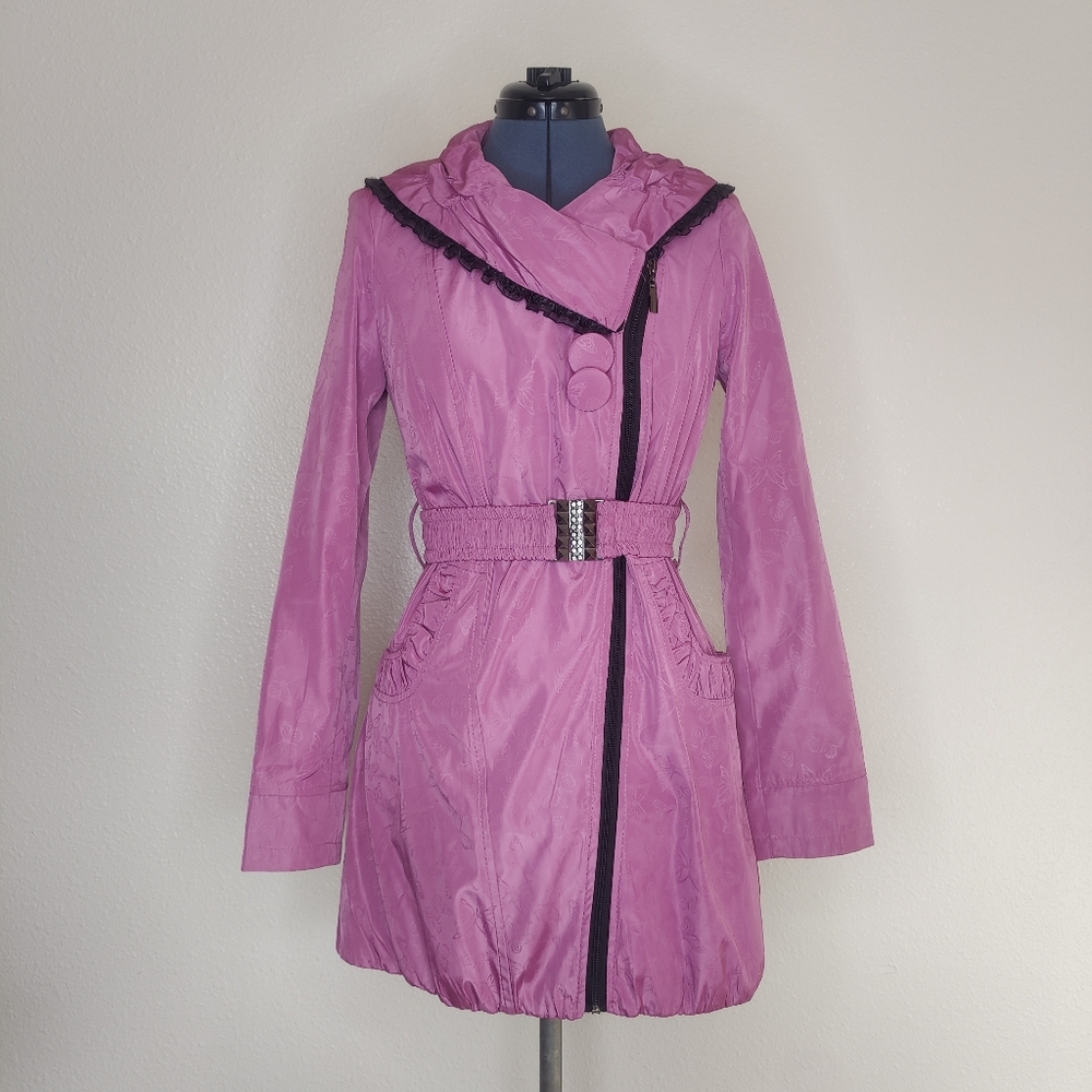 Pink Butterfly Pattern Ruffle Accent Winter Coat